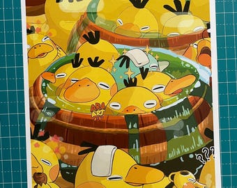 Psyduck Print in Hot Springs, Psyduck x Spirited Away Fanart, Anime Illustration, Otaku Decor