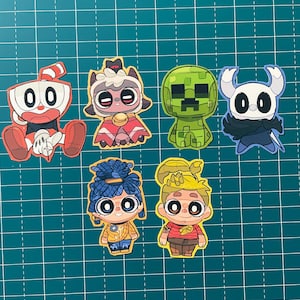 Indie-Spiele-Aufkleber | Cuphead, Kult des Lamms, Minecraft (Creeper), Hollow Knight, It Takes Two (Cody, May) | Fanart Anime Gamer Chibi