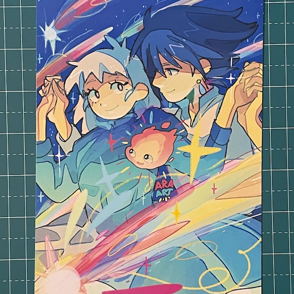 Howl's Moving Castle Print | Fanart Print | Howl, Sophie, and Calcifer | Anime Studio Ghibli Chibi Decoration