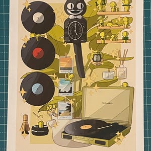 Stampa originale per gli amanti della musica: Cozy Nostalgic | Orologio Kit-cat, Smiski, Jukebox e Matcha | Illustrazione fan art | Vinile vintage