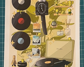 Originaltryck för musikälskare, Mysig nostalgisk | Kit-cat klockklocka, smiski, jukebox och matcha | Fanart-illustration | Vintage vinyl