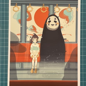 La città incantata: stampa artistica con scena del treno | Fan art di Chihiro e Senza Volto | Illustrazione da parete con anime Ghibli