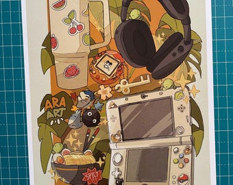 Cozy Nostalgic Original Print | Game Console, Studio Ghibli, Headphones, and Ramen | Fan Art Illustration | Vintage and Kawaii Decor