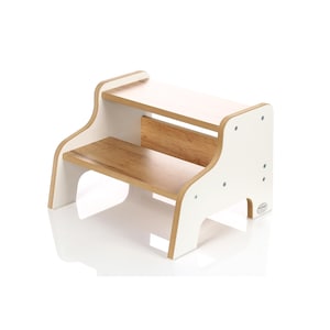 May include: White wooden step stool with two steps and rounded edges. The top step is made of natural wood.