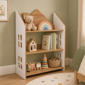 Montessori House Bookshelf | Kids Bookcase | Wooden Toy Storage | Children's Book Shelf | Nursery Furniture | Kids Room Organizer White & Oak