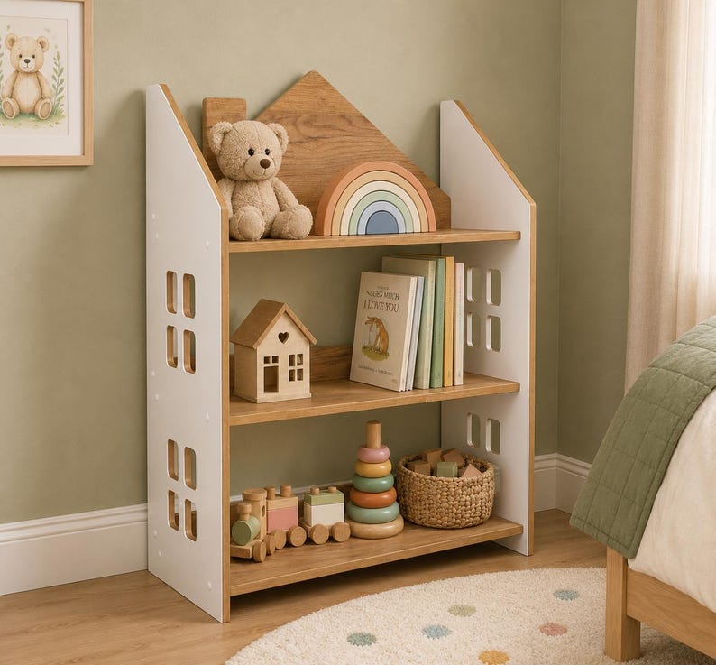 Montessori House Bookshelf | Kids Bookcase | Wooden Toy Storage | Children's Book Shelf | Nursery Furniture | Kids Room Organizer White & Oak