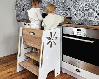 Doppelter Kinderhelfer, Kinderhelfer für Geschwister, Montessori-Lernhocker für Zwillinge, Lernturm, Kochhelfer, Montessori-Küchenturm