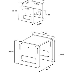 May include: Two wooden children's stools. The smaller stool is 12.6 inches tall, 12.6 inches wide, and 9.8 inches deep. The larger stool is 14.2 inches tall, 15.7 inches wide, and 13.8 inches deep.