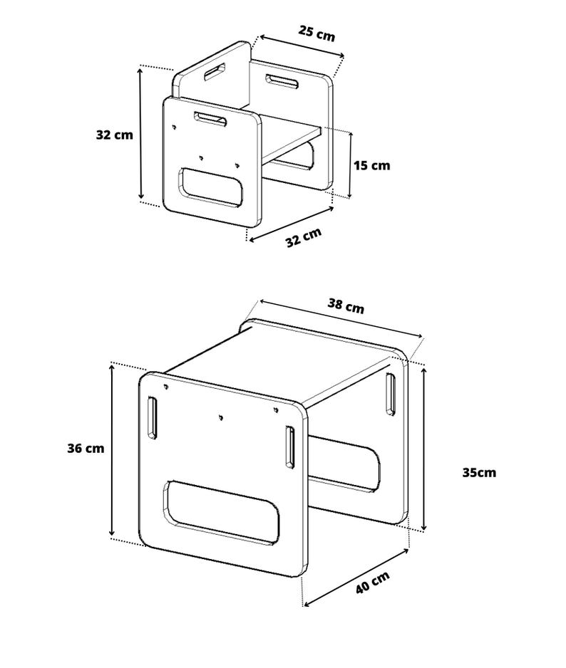 May include: Two wooden children's stools. The smaller stool is 12.6 inches tall, 12.6 inches wide, and 9.8 inches deep. The larger stool is 14.2 inches tall, 15.7 inches wide, and 13.8 inches deep.