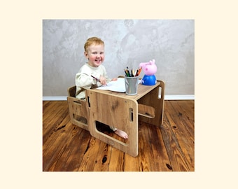 Kindertafel en -stoel 1-3 jaar, Montessoritafel, tafel- en stoelenset, Montessoristoel, houten Montessori-kindertafel