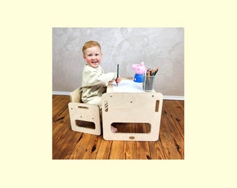 Kindertafel en -stoel 1-3 jaar, Montessoritafel, tafel- en stoelenset, Montessoristoel, houten Montessori-kindertafel