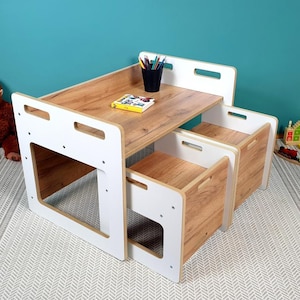 Kindertafel + 2 stoelen, Montessori 3-in-1 tafel, tafel- en stoelset, Montessori 3-in-1 stoel, Montessori kinderhouten tafel