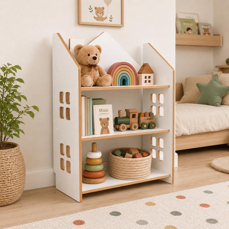 Montessori House Bookshelf | Kids Bookcase | Wooden Toy Storage | Children's Book Shelf | Nursery Furniture | Kids Room Organizer White