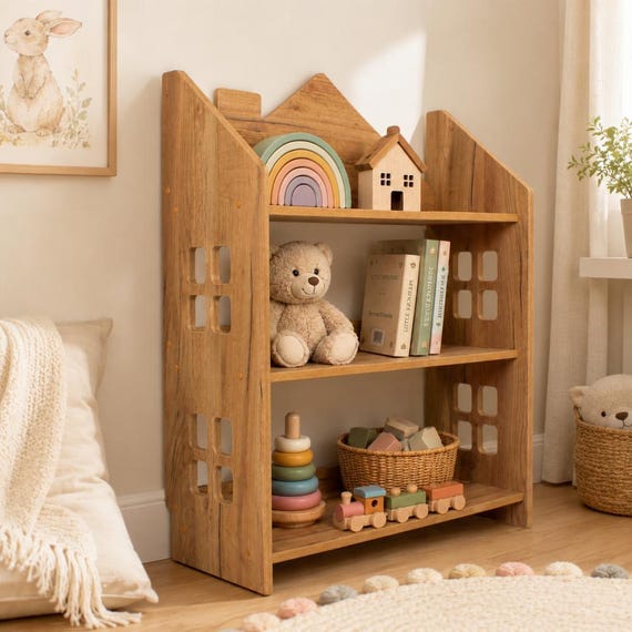 Montessori House Bookshelf | Kids Bookcase | Wooden Toy Storage | Children's Book Shelf | Nursery Furniture | Kids Room Organizer
