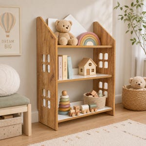 Montessori House Bookshelf | Kids Bookcase | Wooden Toy Storage | Children's Book Shelf | Nursery Furniture | Kids Room Organizer Oak & White