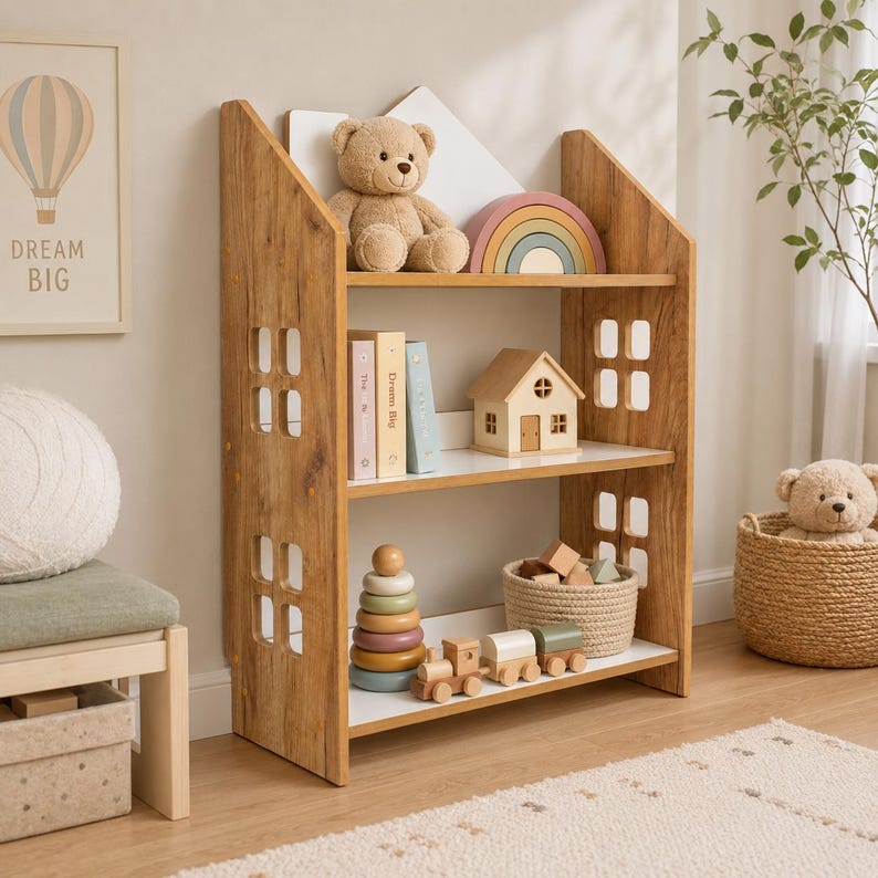Montessori House Bookshelf | Kids Bookcase | Wooden Toy Storage | Children's Book Shelf | Nursery Furniture | Kids Room Organizer Oak & White