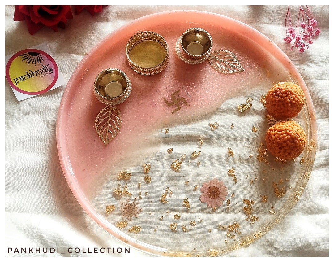 8' Hand-Made Peacock Feather and Real Gold Embellished Resin Art Tray /  Pooja Thali – Limited Edition