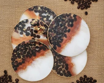 Handmade Coffee Bean Resin Coaster Set | Espresso Bar Decor