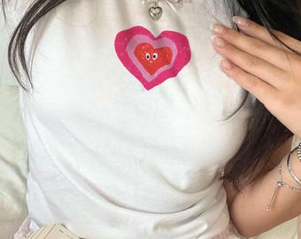 Baby Tee Women Coquette Heart Doodle Shirt Graphic Cropped Y2k Tees for Women