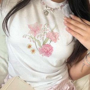 Floral Baby Tee: Cottagecore Flower Print, Soft Cotton Y2k Top image 1