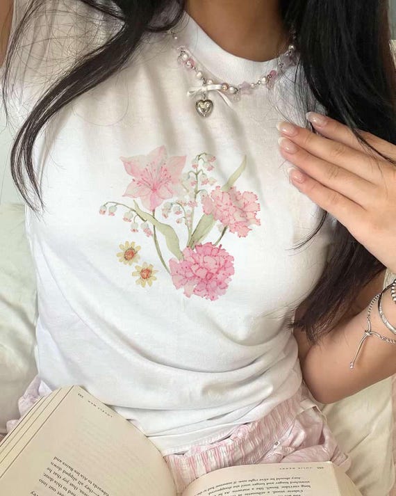 Floral Baby Tee: Cottagecore Flower Print, Soft Cotton Y2k Top