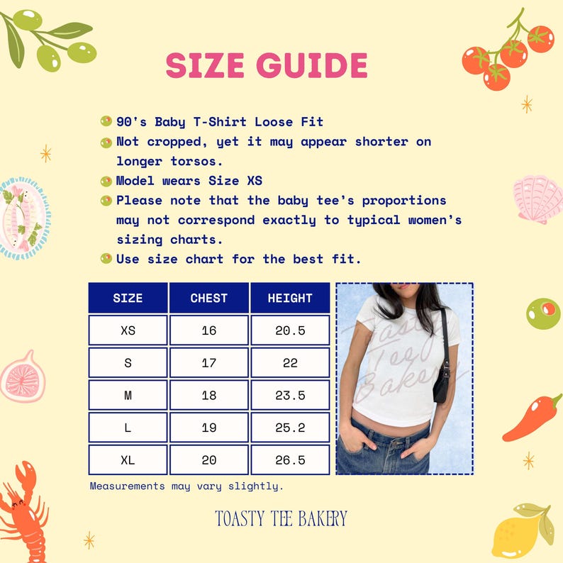 May include: A size guide for a 90's baby t-shirt with a loose fit, featuring a table with chest and height measurements in inches for sizes XS to XL. The graphic includes text, a photo of a person wearing a white t-shirt, and illustrations of olives, tomatoes, a fig, a lobster, a chili pepper, and a lemon.