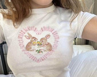 Camiseta con estampado de conejito Coquette para bebé, para mujer, con estampado vintage Y2K, color rosa
