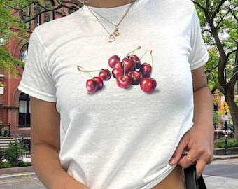 Baby Tee for Women Vintage Cherry Print, Y2K Graphic Cotton T-Shirt