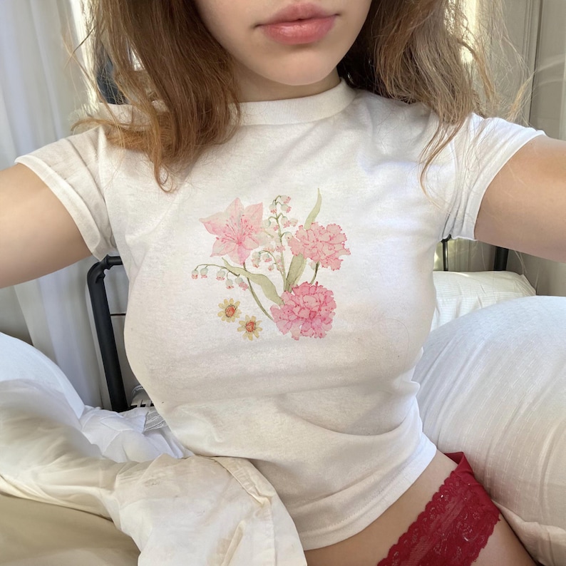 Floral Baby Tee: Cottagecore Flower Print, Soft Cotton Y2k Top image 3