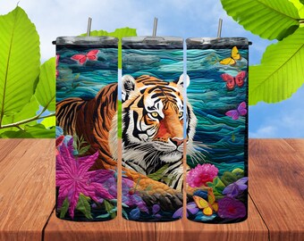 3D Faux Quilt Tiger Tumbler Wrap | Bright Color Quilt Wrap| Straight Tumbler Wrap | 20oz Skinny Tumbler | Digital Download