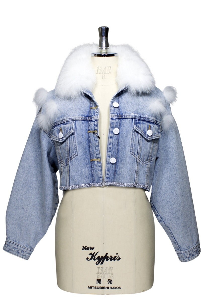 LA POUPETTE RUNWAY LOOK 29 – GLADEZ Polka Dot Denim Coat with White Faux Fur  – MaisonCléo