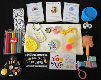 Kit para aliviar la ansiedad: juguetes antiestrés, libros para colorear, estrategias de relajación, herramientas para aliviar el estrés.