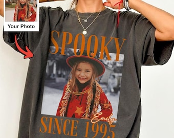 Custom Photo Spooky Since Shirt, Personalized Name and Birth Year, Vintage Halloween Birthday Tee, Witch Costume Photo Gift