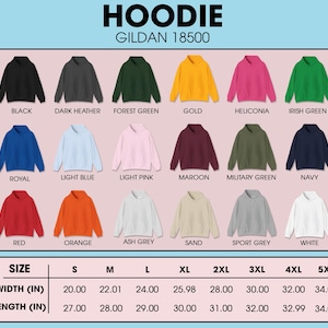 Op de afbeelding: Een display van Gildan 18500 hoodies in diverse kleuren, waaronder zwart, marineblauw en rood. De afbeelding toont ook een maattabel met afmetingen in inches, en hun equivalent in cm. De breedtes vari&euml;ren van 50.8 cm tot 86.36 cm, en de lengtes van 68.58 cm tot 86.36 cm.