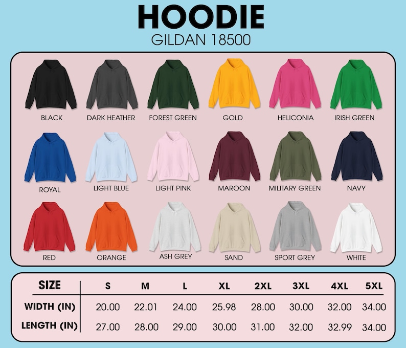 Op de afbeelding: Een display van Gildan 18500 hoodies in diverse kleuren, waaronder zwart, marineblauw en rood. De afbeelding toont ook een maattabel met afmetingen in inches, en hun equivalent in cm. De breedtes vari&euml;ren van 50.8 cm tot 86.36 cm, en de lengtes van 68.58 cm tot 86.36 cm.