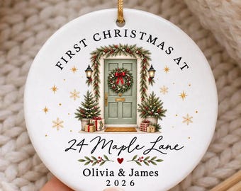 First Christmas in New Home Ceramic Ornament, Personalized Address Names and Year, Green Front Door Design, Housewarming Keepsake Gift