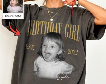 Custom Photo Birthday Girl Shirt, Personalized Name and Birth Year, Funny Childhood Picture Tee, Retro Birthday Party Gift for Her