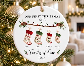 Custom First Christmas as a Family of Four Ceramic Ornament, Personalized Names and Year, Festive Stockings, Second Baby Gift, Keepsake