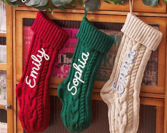 Personalized Christmas Stocking with Name, Yarn Embroidered Cable Knit Stocking, Custom Family Christmas Decoration