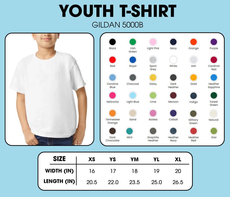 Op de afbeelding: Een wit jeugd-T-shirt, model Gildan 5000B, wordt getoond met een maattabel en een kleurenpalet. De maattabel toont afmetingen in inches, met breedtes van 16 tot 20 inch en lengtes van 20,5 tot 26,5 inch. Kleuropties zijn onder meer zwart, rood en marineblauw.