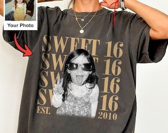 Chemise photo personnalisée Sweet 16, cadeau personnalisé pour 16e anniversaire de naissance pour fille, t-shirt d'anniversaire photo vintage, chemise de fête Sweet Sixteen