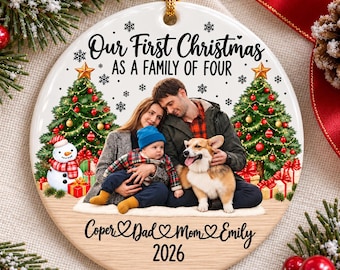 First Christmas as a Family of Four Photo Ceramic Ornament, Personalized Names and Year, Family with Dog Keepsake, New Parents Gift