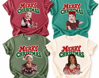 Custom Photo Merry Christmas Shirt, Personalized Name Tee, Retro Red and Green Design, Matching Family Holiday Outfit, Gift for Parents