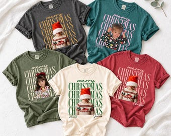 Custom Photo Christmas Shirt, Personalized Name and Year, Retro Merry Christmas Tee, Matching Family Holiday Outfit, Gift for Parents