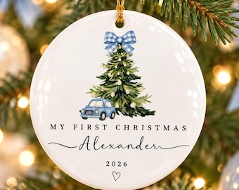 Personalized Baby Boy First Christmas Ceramic Ornament, Custom Name and Year, Bow Tree Design, Newborn Keepsake Gift