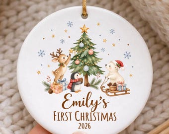 Personalized Baby First Christmas Ceramic Ornament, Custom Name and Year, Reindeer Penguin Polar Bear Design, Newborn Keepsake Gift