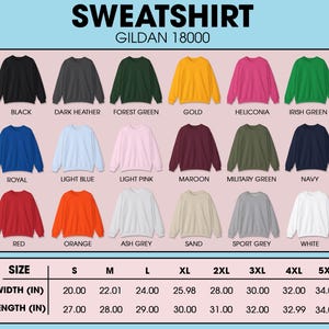 Op de afbeelding: Een display van Gildan 18000 sweatshirts in diverse kleuren, waaronder zwart, bosgroen en goud. De afbeelding toont ook een maattabel met afmetingen in inches, vari&euml;rend van S tot 5XL. De breedtes vari&euml;ren van 50,8 cm tot 86,36 cm en de lengtes van 68,58 cm tot 86,36 cm.