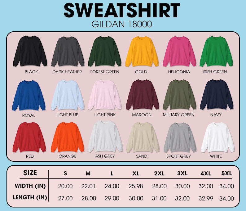 Op de afbeelding: Een display van Gildan 18000 sweatshirts in diverse kleuren, waaronder zwart, bosgroen en goud. De afbeelding toont ook een maattabel met afmetingen in inches, vari&euml;rend van S tot 5XL. De breedtes vari&euml;ren van 50,8 cm tot 86,36 cm en de lengtes van 68,58 cm tot 86,36 cm.