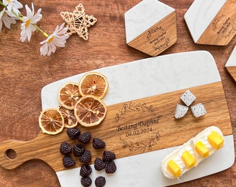 Personalized Marble Wood Cutting Board with Coaster, Engagement Gift, Wedding Gift, Custom Name Cutting Board, Bridal Shower Gift For Her