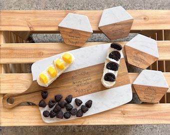 Tagliere per salumi personalizzato con sottobicchieri, tagliere per formaggi in legno di marmo personalizzato, regalo di nozze, regalo di fidanzamento, regalo di inaugurazione della casa, regalo di chiusura